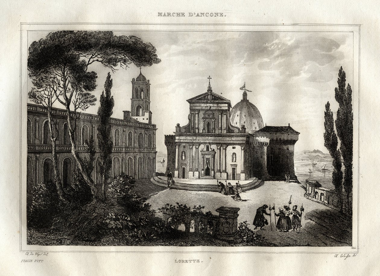 Basilica della Santa Casa - Loreto - Sanctuary of Lorette - Loreto - Basilica of Our Lady of Loreto - Holy House of Loreto eller House of Nazareth - Gravering fra "" Pittoreske Italia"" - Historisk og beskrivende maleri av Italia"" av M. de Norvins, Ch. N av French School