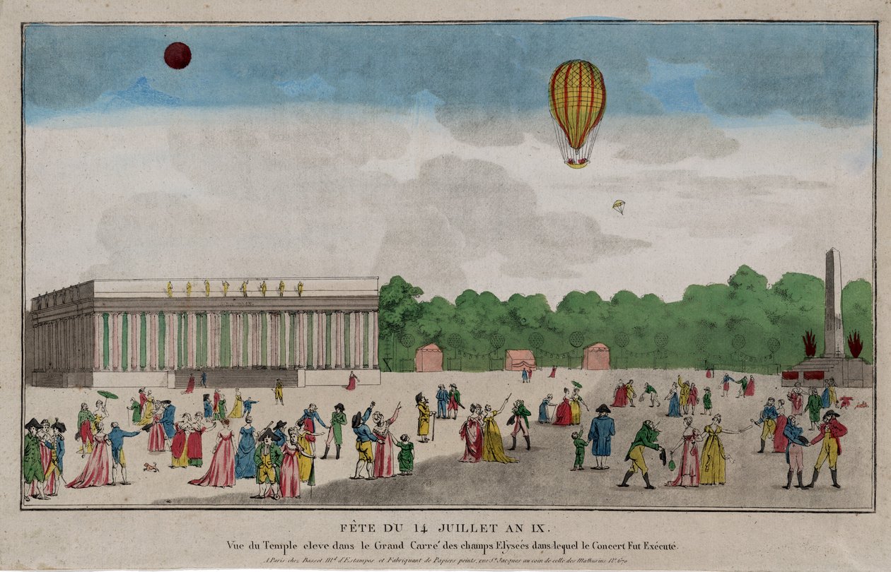 Bastilledagen, Paris, 14. juli 1801 (håndfarget gravering) av French School