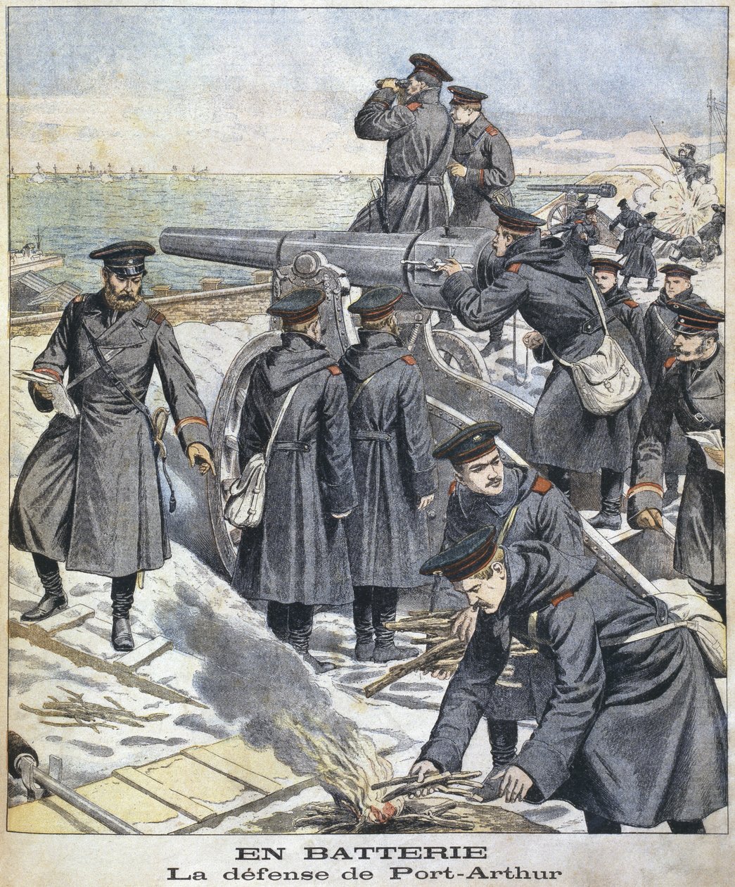 Batteri, forsvar av Port Arthur, illustrasjon fra le Petit Journal: Supplement Illustre, 27. mars 1904 av French School