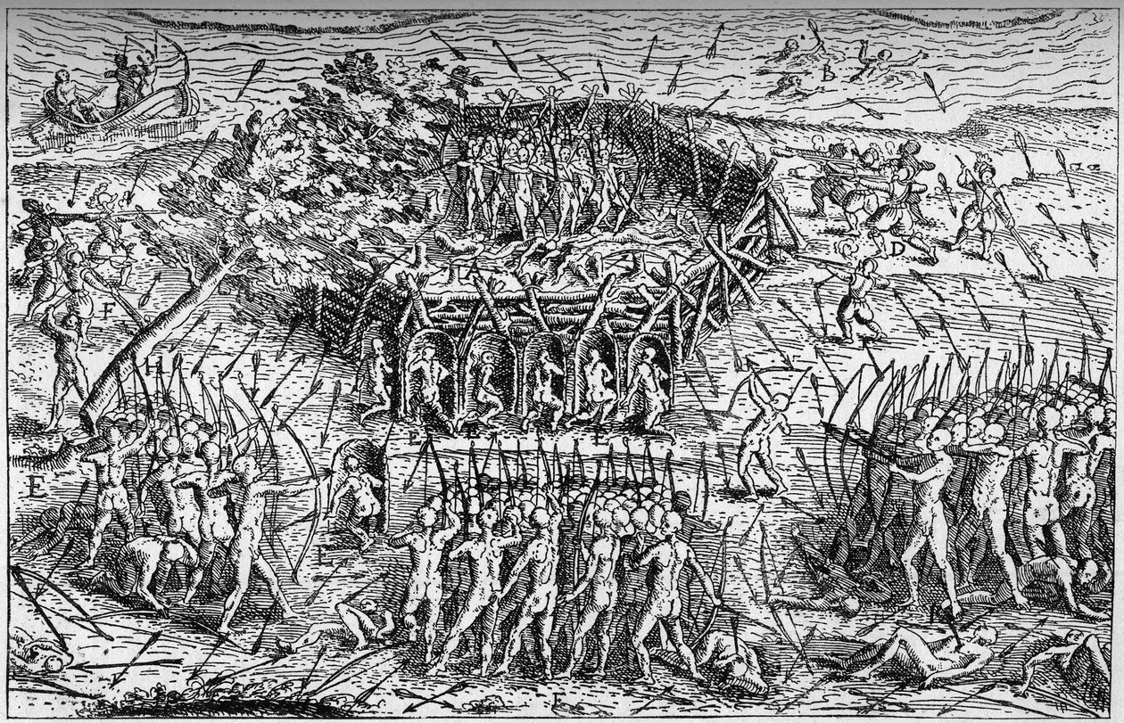 Kamp mellom den franske hæren til Samuel de Champlain (ca. 1567-1635) og Iroquois. Canada, tidlig på 1600-tallet. Gravering i «La Marine et les colonies: handel» av French School