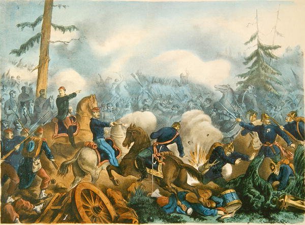 Slaget ved Bapaume, 3. januar 1871, gravert av F. Wentzel, Paris (farget gravering) av French School