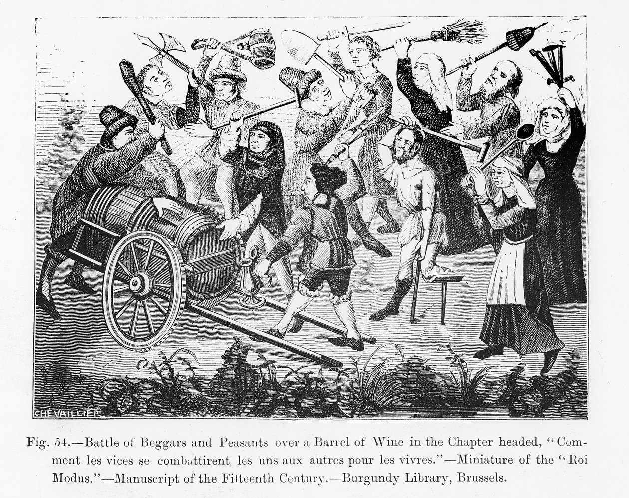 Battle of Beggars and Peasants over a Barrel of Wine, fra Book of King Modus, illustrasjon fra vitenskap og litteratur i middelalderen og renessansen, skrevet og gravert av Paul Lacroix av French School