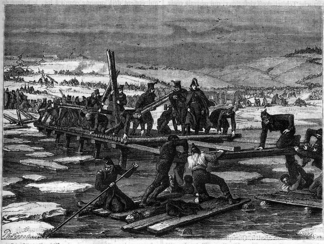Slaget ved Berezina, 26.-29. november 1812, et katastrofalt nederlag for Napoleon under hans retrett fra Russland - russisk felttog, retrett: bygging av to broer over Berezina av brosapperne til Great Armee under ansvar av G av French School