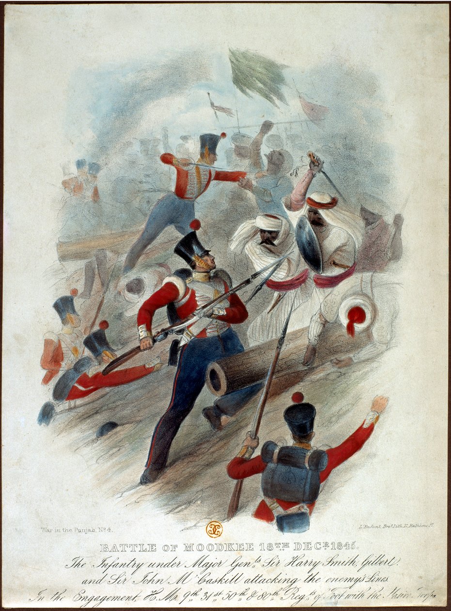 Battle of Moodkee, 18. desember 1845, nr. 4 fra War in the Punjab, gravert av W. Kohler etter Lenfant Bros., utgitt av William Spooner, ca. 1845 av French School