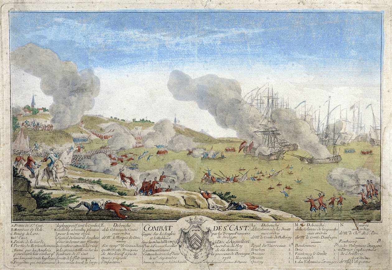 Slaget ved Saint Cast hvor de franske troppene i Bretagne slo engelskmennene i 1758. Illustrasjon bevart på Museum of Dinan. av French School