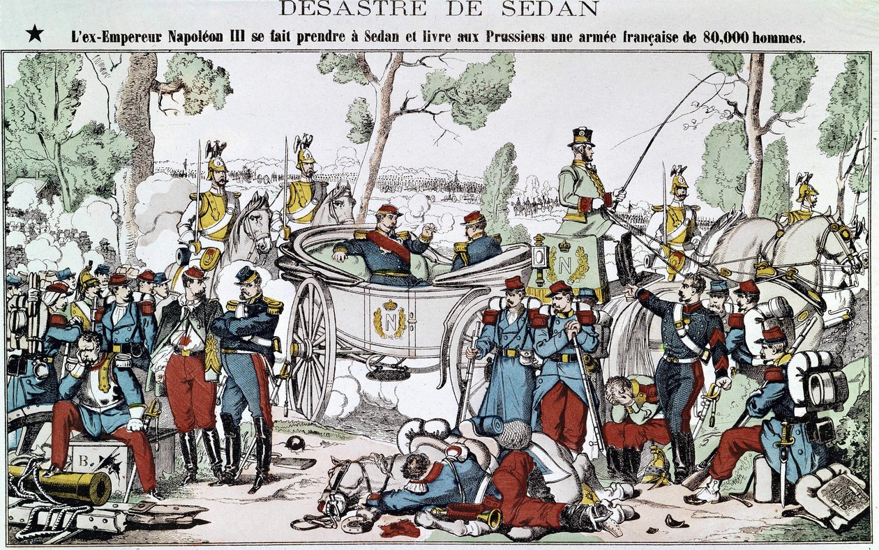 Slaget ved Sedan i 1870. Den tidligere keiser Napoleon III blir fanget i Sedan og leverer til prøysserne en fransk hær på 80 000 mann, bilde av en spinal. av French School
