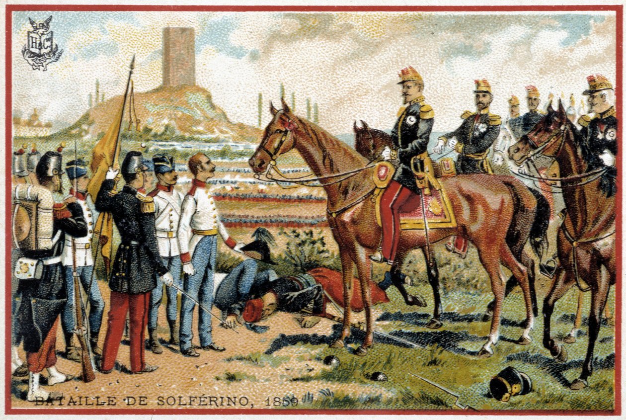 Slaget ved Solferino: Seier i slaget ved Solferino mot østerrikerne i 1859 - Forey-divisjon. Liebig kromolitografi av French School