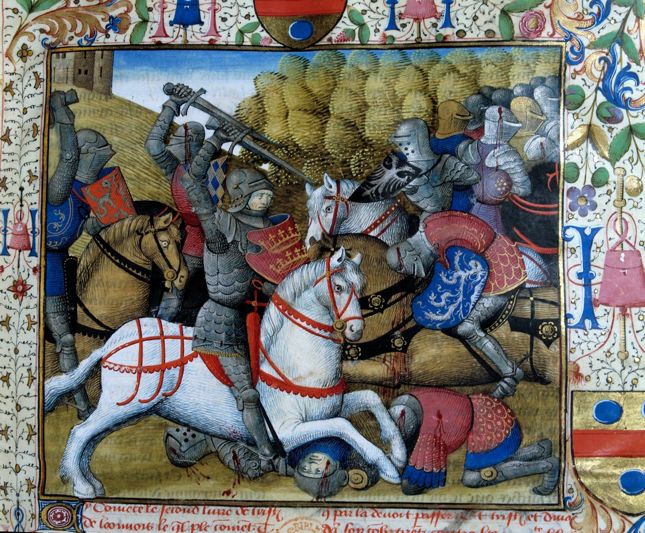 Battle of Knights Miniatyr fra manuskriptet "" The novel of Tristan"" av Master Charles of Maine av French School