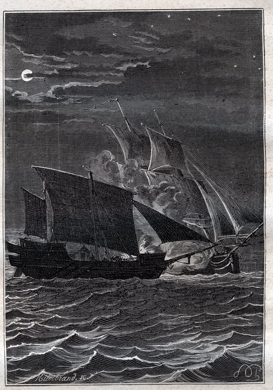 Battle of the Swallow og en malaysisk paro: Svaleskipet til Philip Carteret eller Philippe de Carteret (1733-1796) kjempet med et malaysisk piratskip i det indonesiske farvannet i 1767 - illustrasjon fra "The Great Mariners of the 18th century"&q av French School
