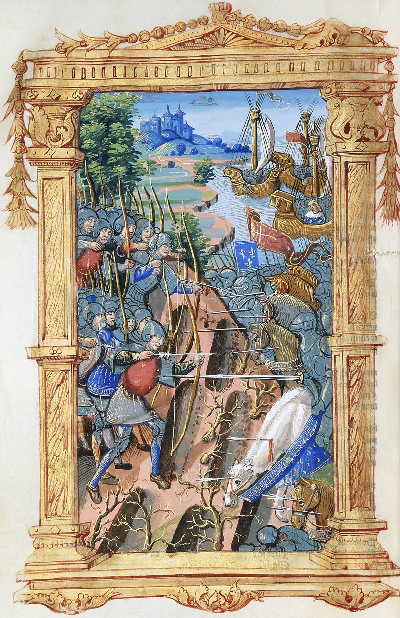 Kampscene mellom bueskyttere og kavaleri, med slott og skip, ca. 1495-1500 av French School