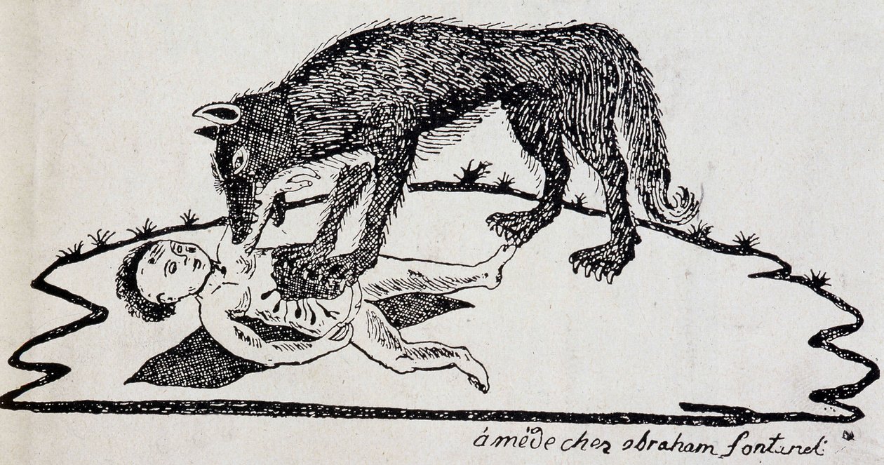 Beist revet a child (beast of the Gévaudan) - tregravering publisert i Mende (Archives du Puy-de-Dôme) av French School
