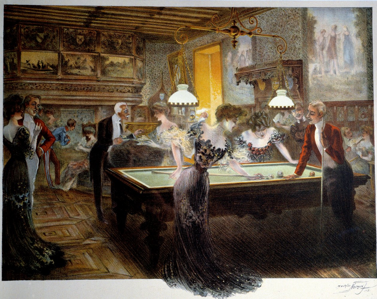 Vakker periode: biljardspillet, tidlig på 1900-tallet (litografi) av French School