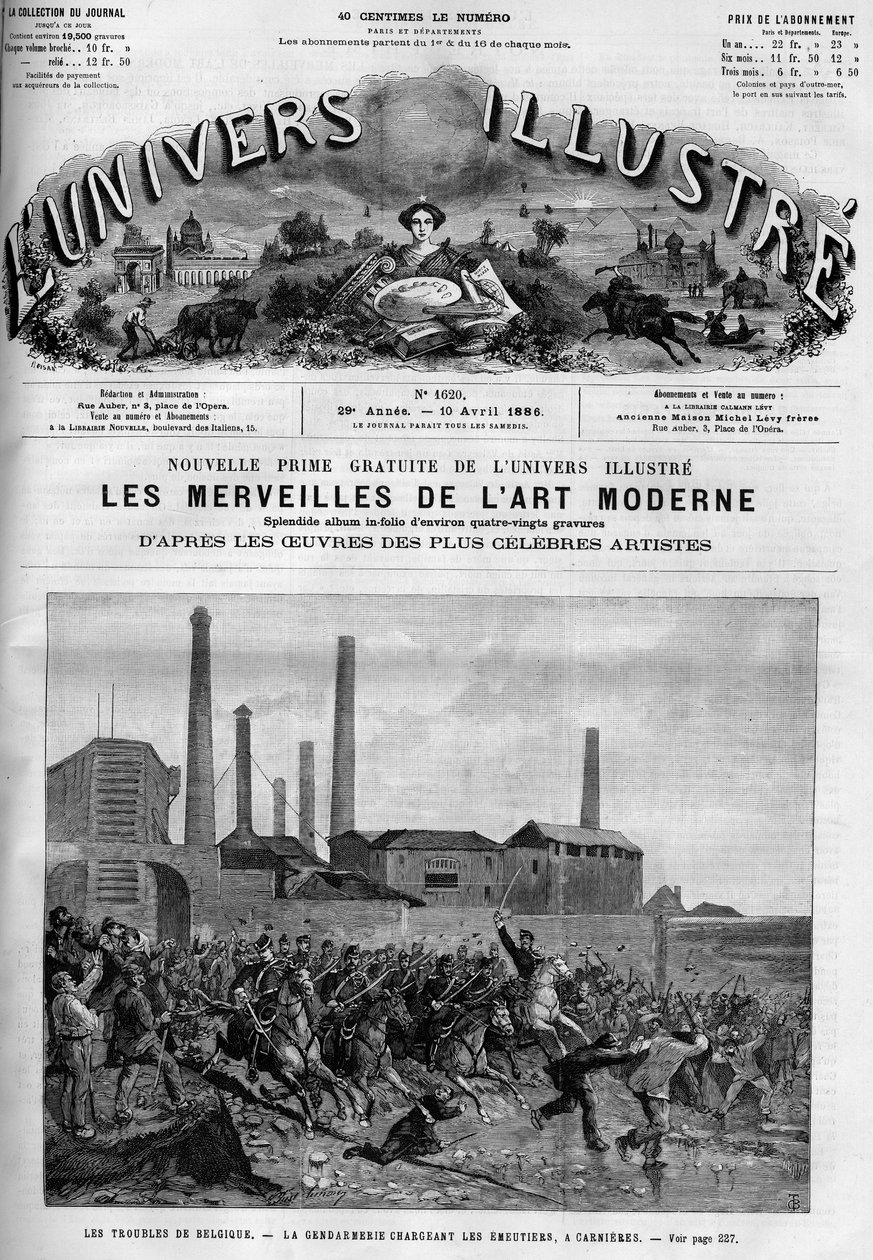 Belgian workers strike: the police loading the riders in Carnieres. A newspaper. Engraving in “” Le Monde Illustré”” av French School