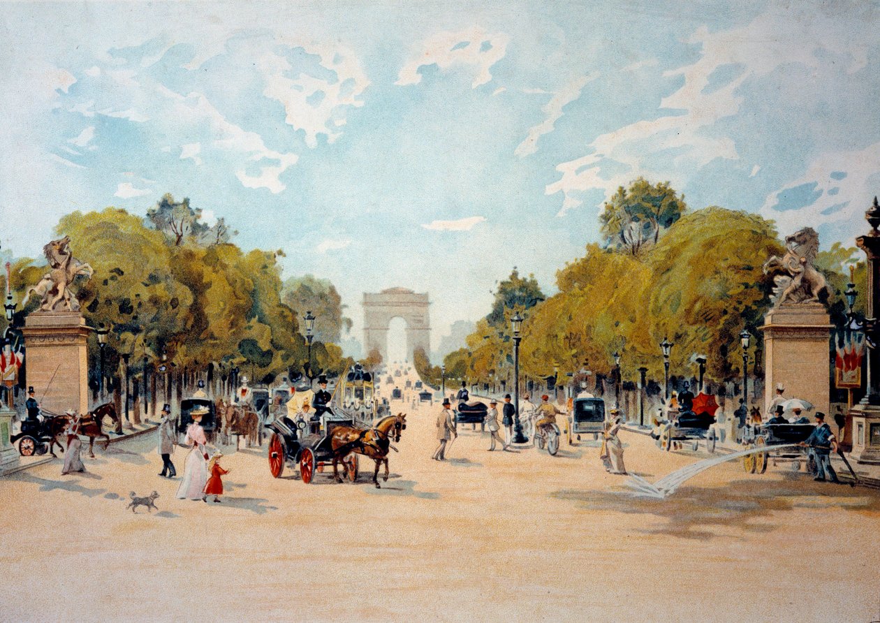 Belle Epoque: utsikt over Avenue des Champs Elysees og Triumfbuen i Paris. Anonym akvarell fra 1895. Paris, Dekorativ kunst av French School