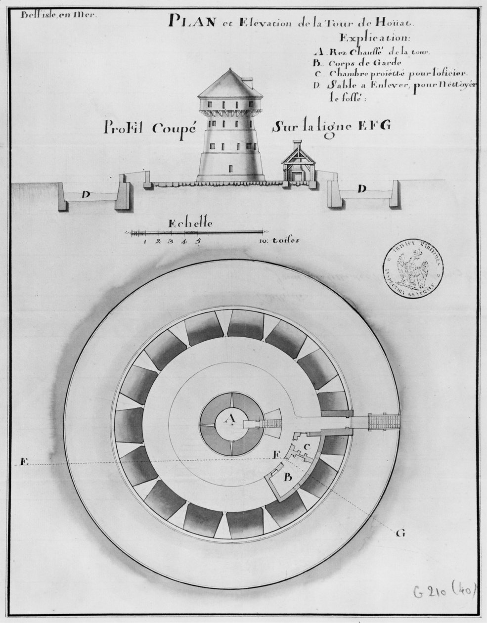 Belle Isle en Mer, plan og forhøyning av tårnet i Houat, 1745 (penn og blekk og w:c på papir) av French School