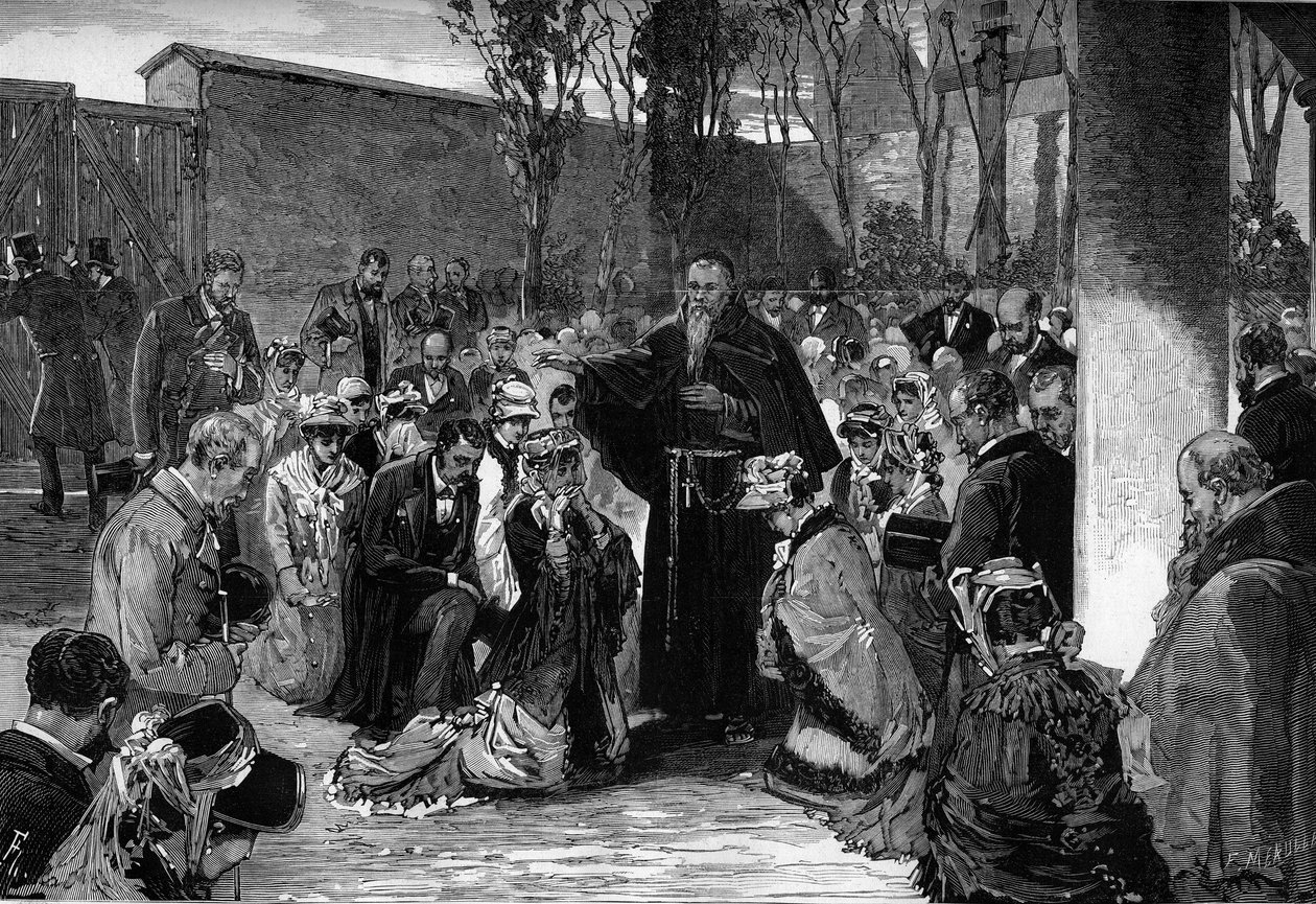 Velsignelse av de troende ved kapusinernes domstol i rue de la Sante i Paris 30. oktober 1880, før deres utvisning etter dekretene fra mars 1880 utstedt av Jules Ferry, som fjernet retten til å undervise medlemmer av uautorisert religion. av French School
