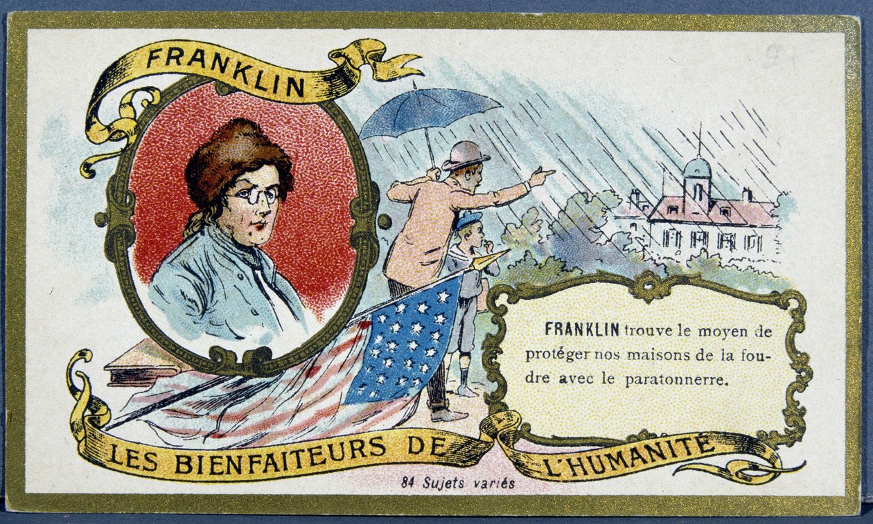 Benjamin Franklin, amerikansk politiker og fysiker (1706-1790) og lynavlederen - chromo., deb. Det 20. århundre av French School