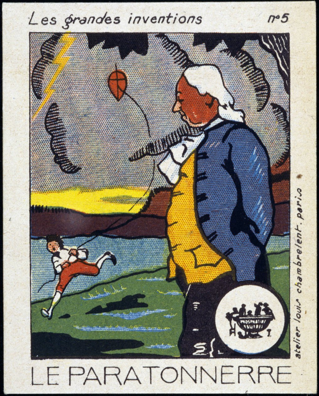 Benjamin Franklin, amerikansk politiker og fysiker (1706-1790) og lynavlederen (opplevelsen av dragen) - Label, Deb. Det 20. århundre av French School