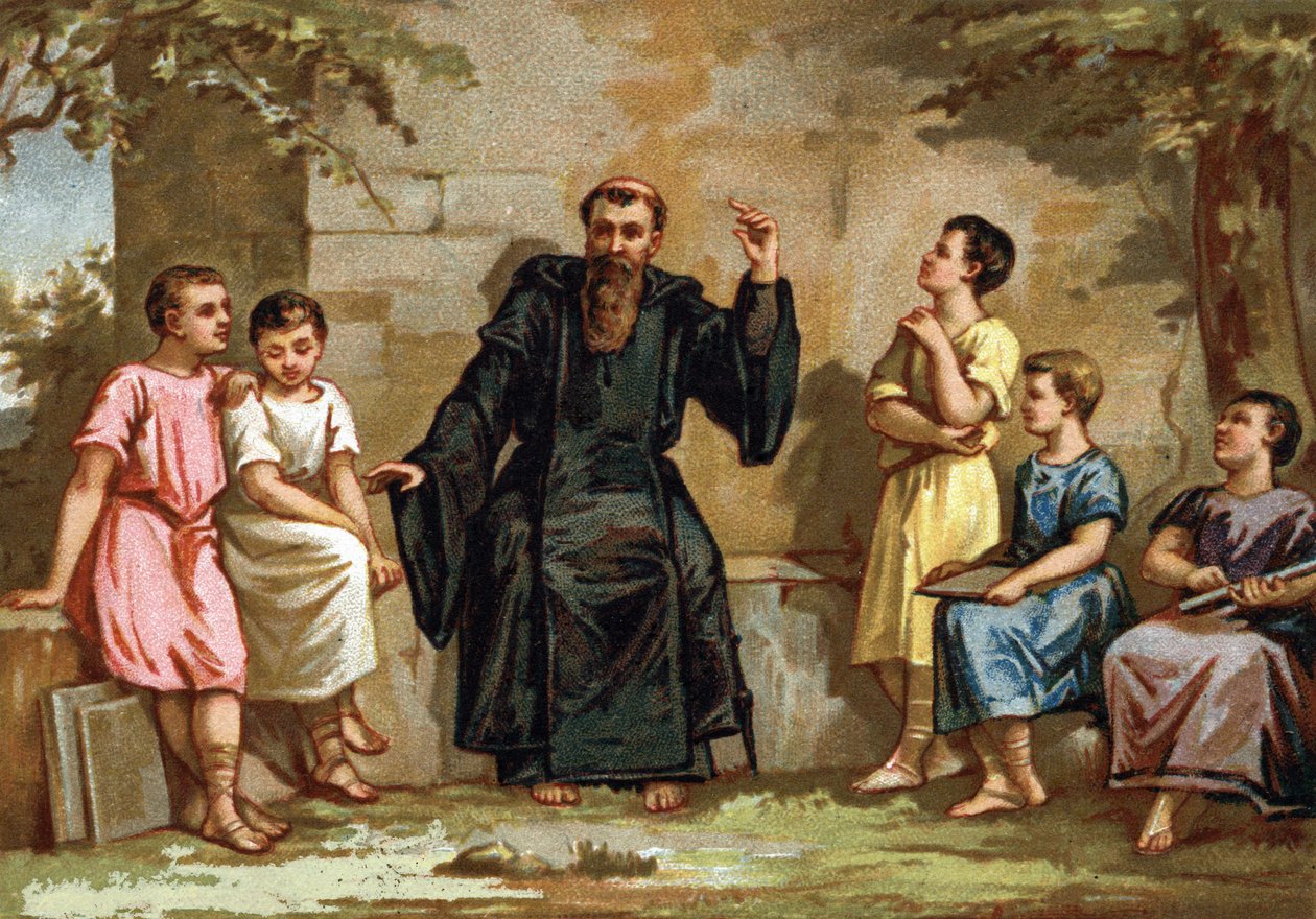 Benoit de Nursie, eller Saint Benoit (480-547) underviste barna til romerske adelsmenn om sitt styre. Kromolitografi fra slutten av 1800-tallet. av French School