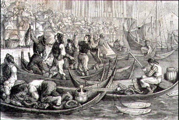 Bergens fiskemarked på 1860-tallet (gravering) av French School