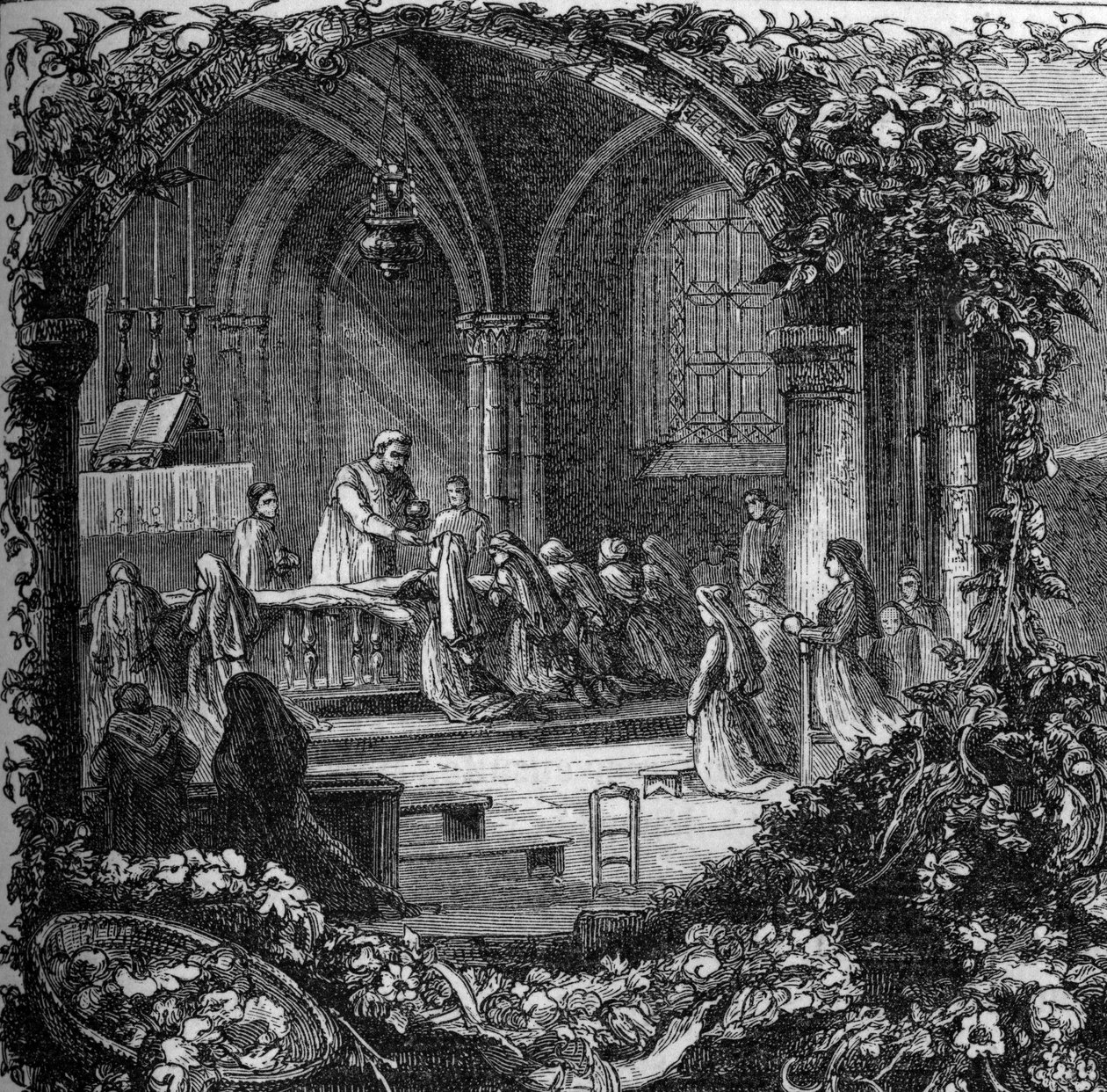 Bernadette Soubirous (1844-1879) during her first communion. 19th century (after 1858). Engraving in “” Notre Dame de Lourdes”” by Henri Lasserre av French School