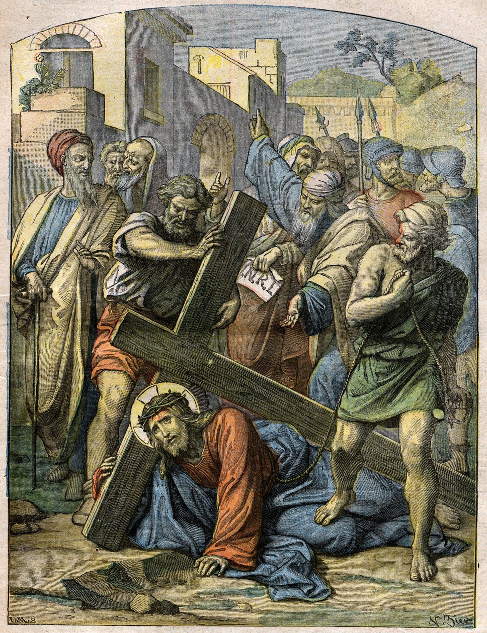 Bibelscene - Korsveien: Jesus faller for andre gang. Gravering i "" Le Pelerin"" av 29. november av French School