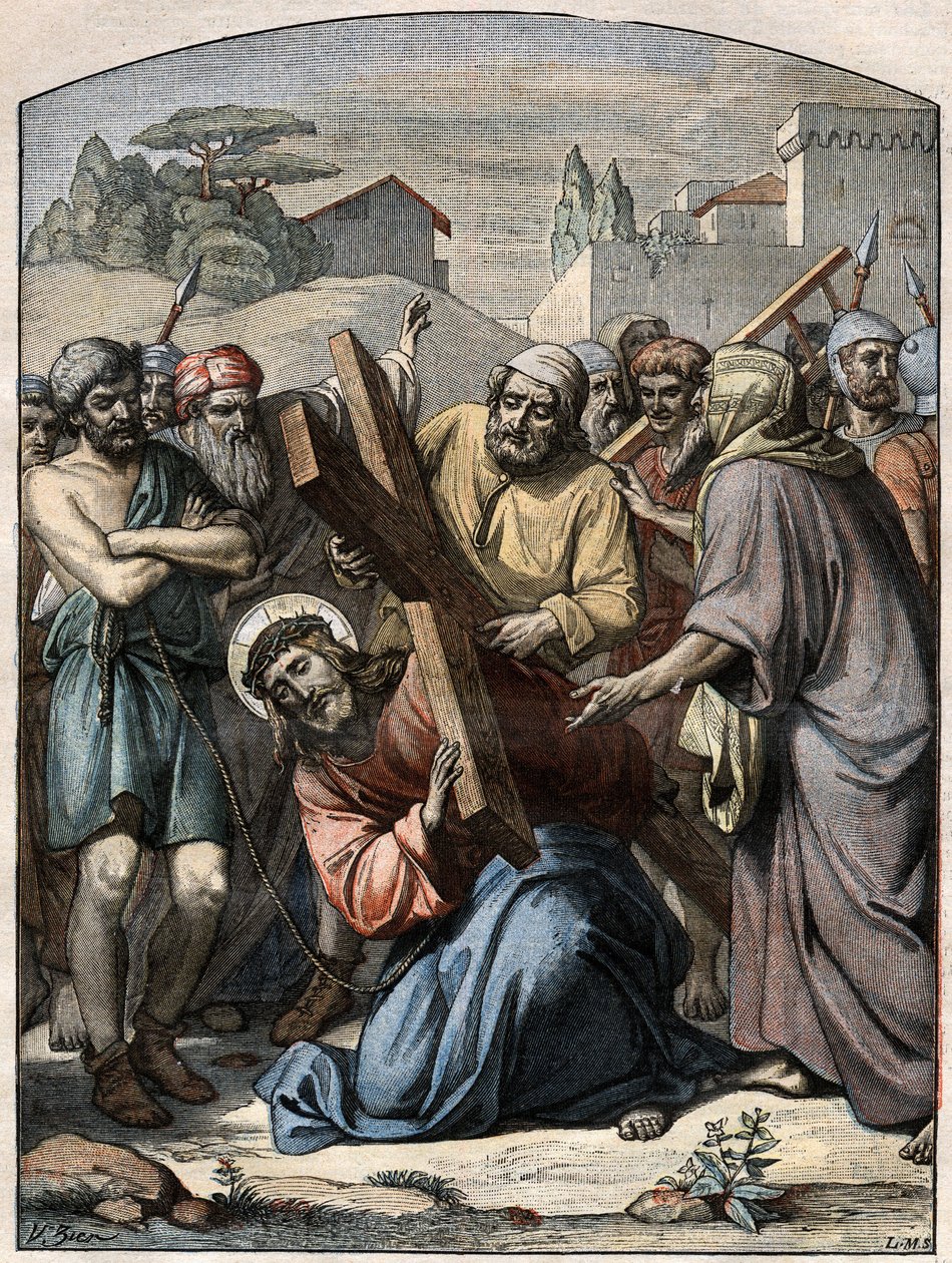 Bibelscene - Korsveien: Jesus hjelper av Simon fra Kyrene (kyreneeren). Gravering i "" Le Pelerin"" av 13. september 1896. av French School