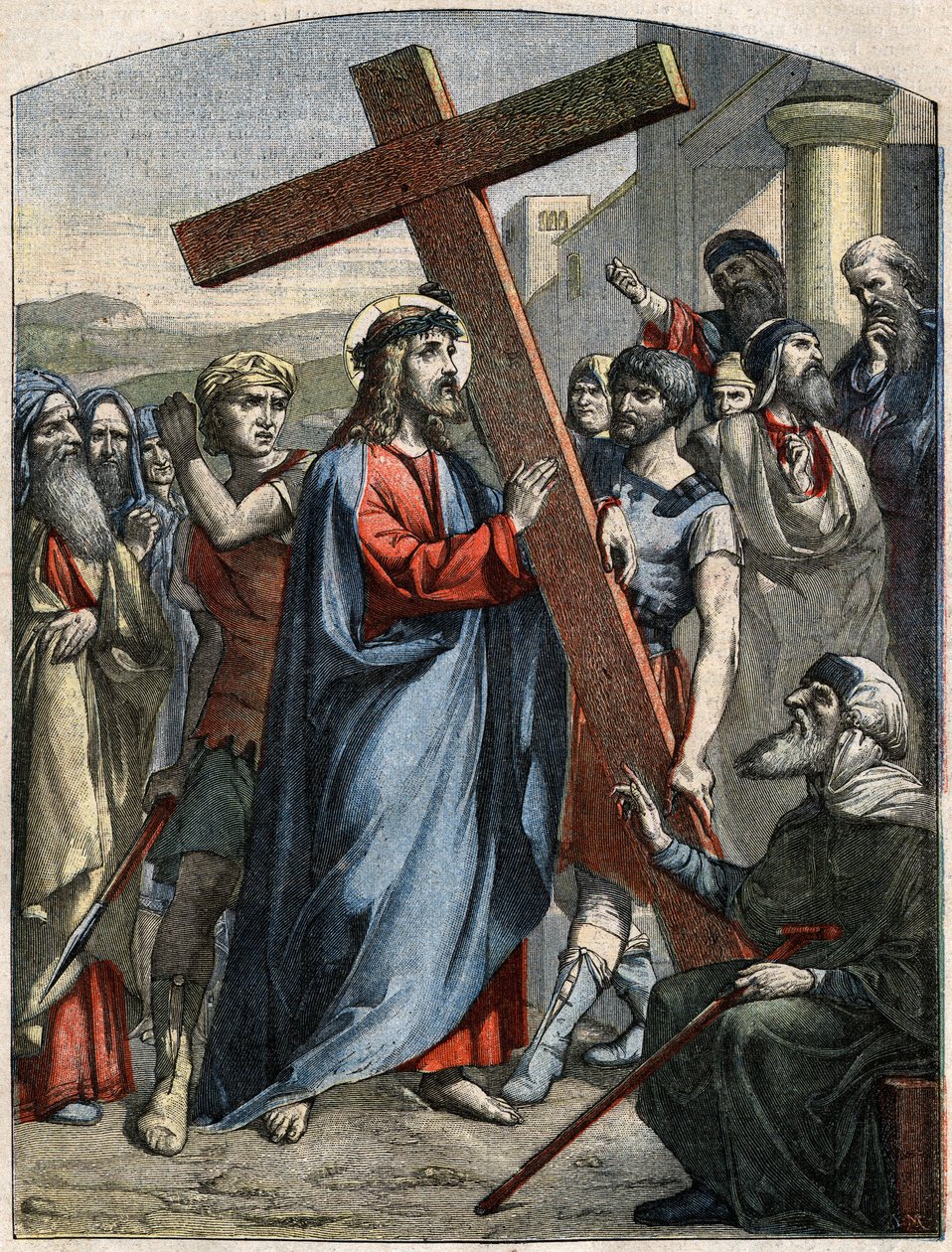 Bibelscene - Korsveien: Jesus er korsets byrde. Gravering i "" Le Pelerin"" av 3. mai av French School