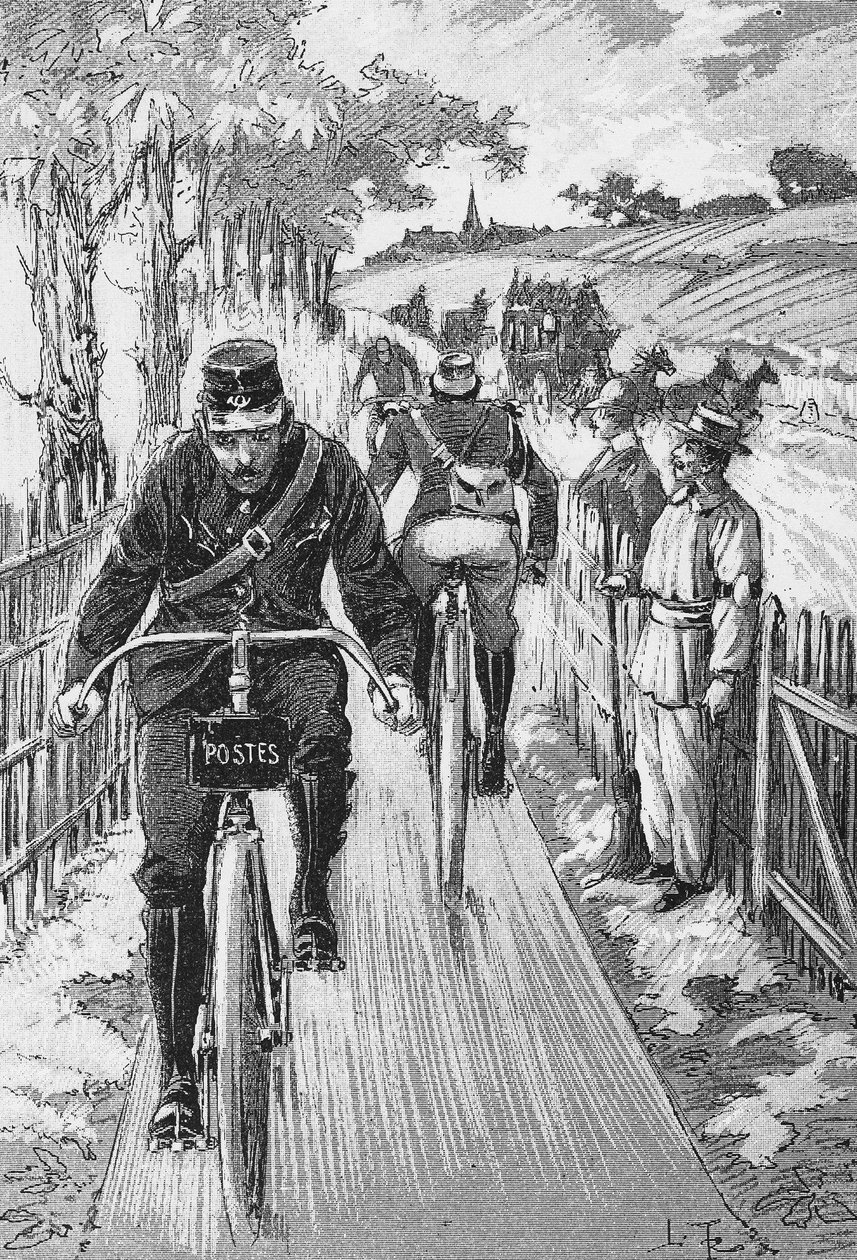 Sykkelsti for faktorer: Swift-prosjektspor av M. Berruyer - i "Theoretical and Practical Cycling"" de l. Baudry de saunier, gravering, Bibl. de la ville de Paris. av French School