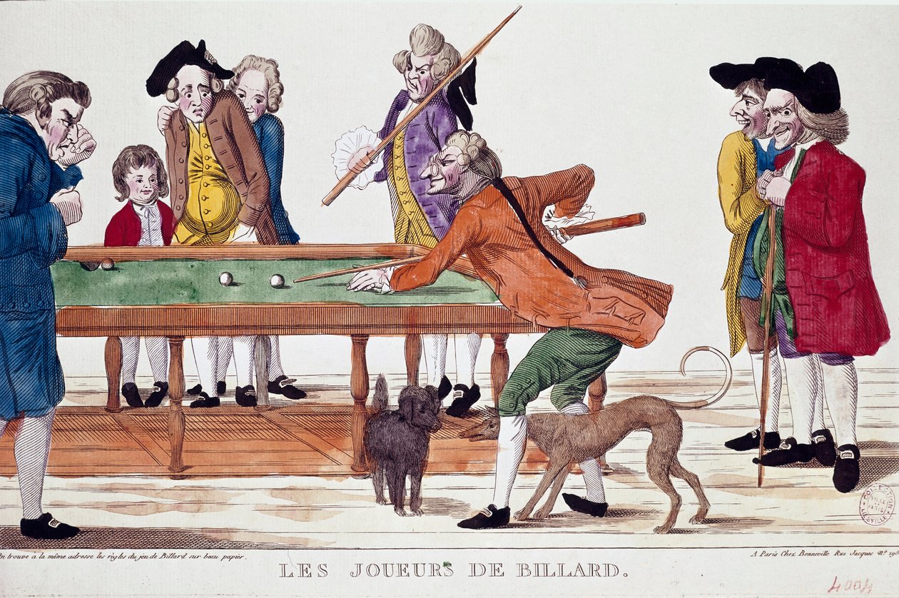 Biljardspillere (årets termidor 8 i den revolusjonære kalenderen) (1800). Tegnefilm. Fargegravering av den franske skolen i den revolusjonære perioden. Paris, Musee Carnavalet av French School