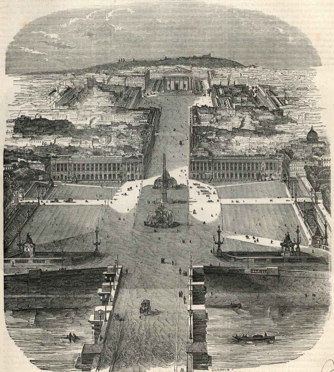 Fugleutsikt over Place de la Concorde, rue Royale med kirken Madeleine - Gravering i "Tableau-de-Paris" av Edmond Texier 1852 av French School