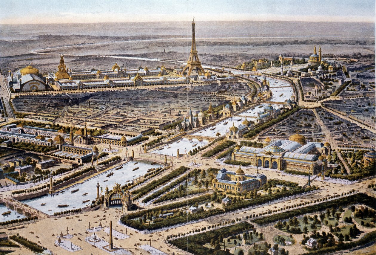 Fugleperspektiv av Paris Expositon av 1900 (kromo) av French School