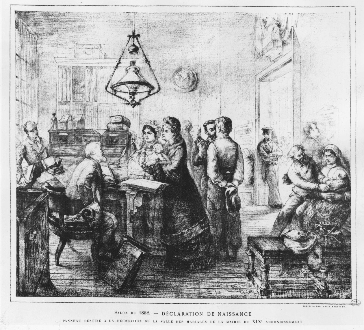 Fødselserklæring - tegning av H.E Blanchon, i "La vie moderne"" av French School