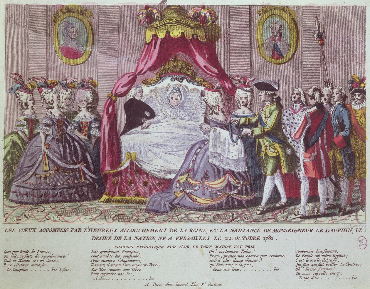 Fødsel av Grand Dauphin, Louis Joseph (1781-1789) (fargegravering) av French School