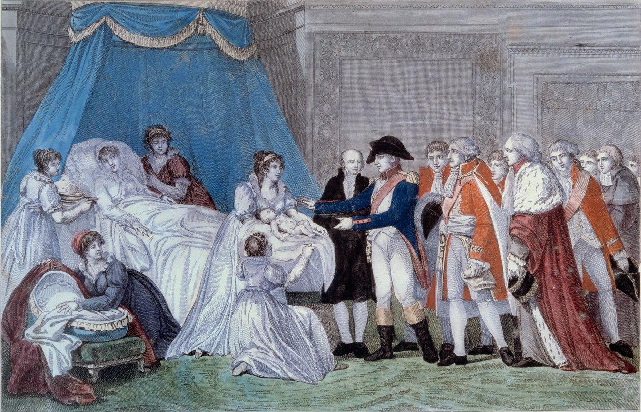 Fødsel av kongen av Roma Napoleon II (Francois Charles Joseph Napoleon Bonaparte) (1811-1832): seremoni av fødselsattesten til sønnen til keiser Napoleon I (1769-1821) ved Palais des Tuileries 20.03.1811. Gravering av 1800-tallet. Ile d