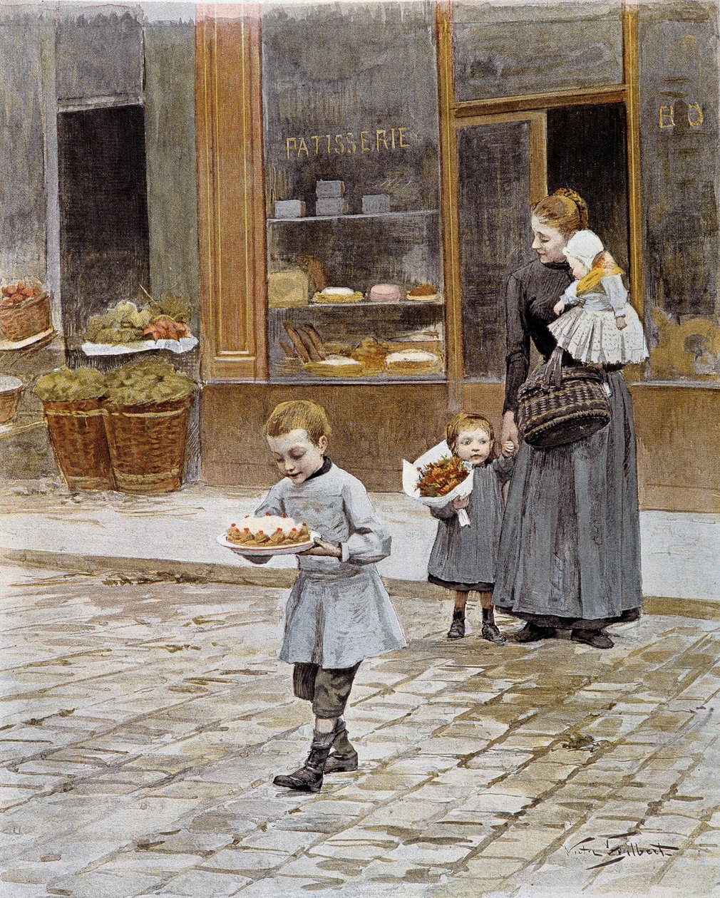 Bursdag En liten gutt kommer ut av et konditori med kaken i hendene. Litografi fra 1800-tallets Paris, dekorativ kunst av French School
