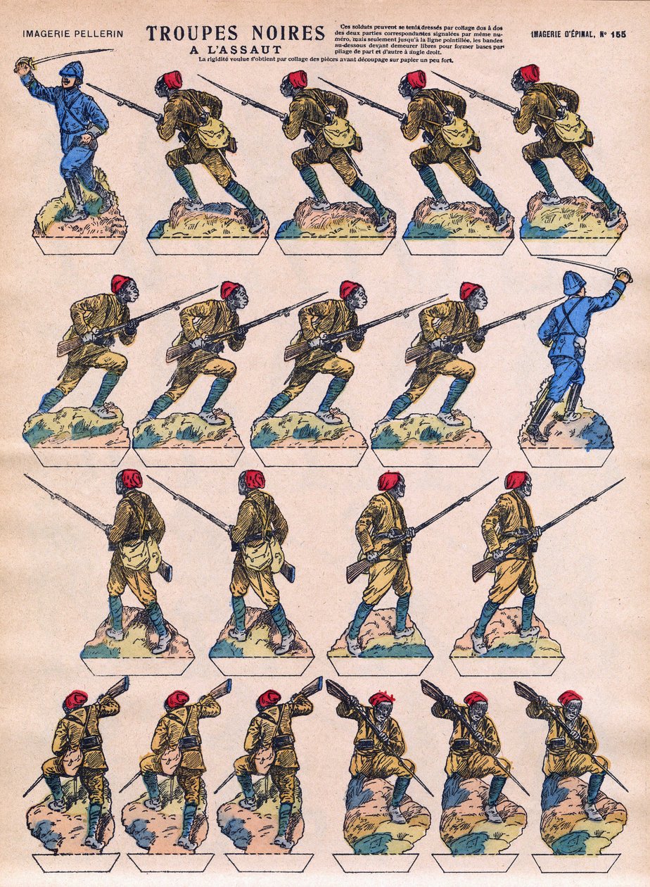 Svarte tropper stormet inn den franske Armee fra afrikanske kolonier. Avbildning av Epinal, begynnelsen av det 20. århundre. av French School