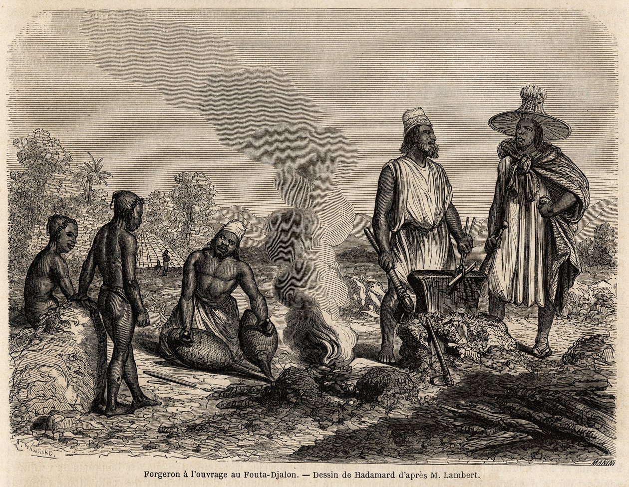 Smed har arbeidet ved Fouta Djalon (Senegal), tegning av Hadamard, for å illustrere løytnant Lamberts reise til Fouta Djalon i 1860. Gravering i “” Le tour du monde”” 1861. Selvas samling. av French School