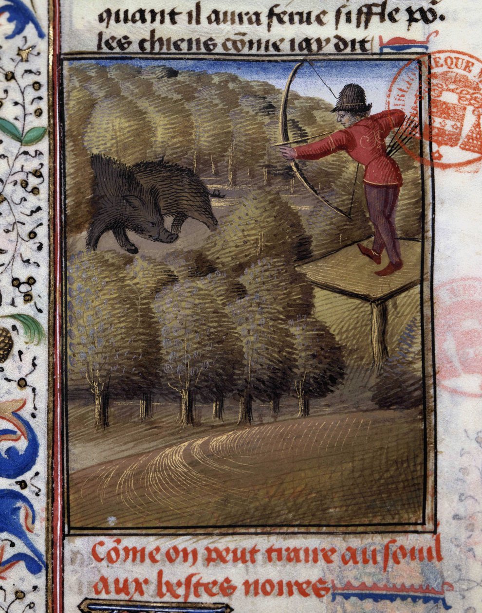 Boar Bow Hunting - i "" Jaktbok av Gaston Phoebus, greve av Foix, Lord of Béarn"" av French School