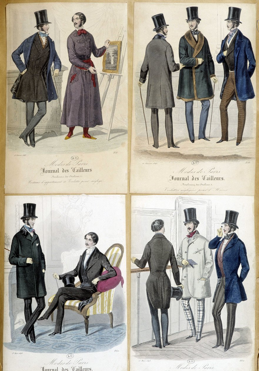 Tavler som illustrerer herremote fra "Journal des tailors"" fra 1848. av French School