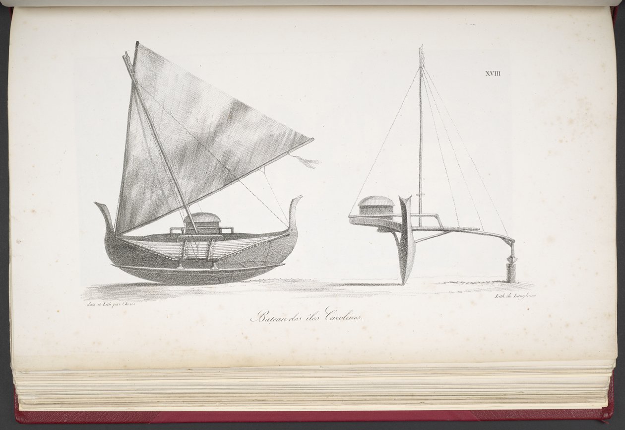 Båt fra Caroline Islands, fra A Picturesque Voyage Round the World, med portretter av villmenn fra Amerika, Asia, Afrika og øyene i det store hav; landskap, havutsikt og flere naturhistoriske gjenstander; sammen med av French School