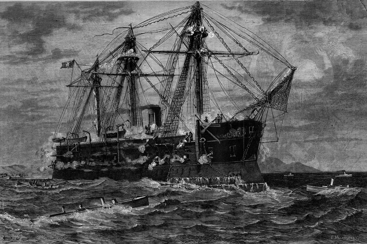 Båtskip angrepet av torpedobåter (1800-tallet). Gravering etter maleriet av Pierre Emile de Crisenoy (1800-tallet) i "" The Illustrous World"" nr. 1220 av 14. august av French School
