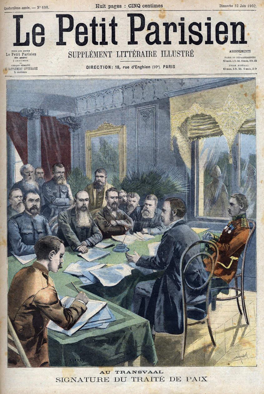 Boer krig. Undertegnelsen av Transvaals fredsavtale mellom Boer-høvdingene og den britiske generalen Horatio Herbert Kitchener (1850-1916) i Pretoria, Sør-Afrika. Gravering i "" Le Petit Parisien"" av French School
