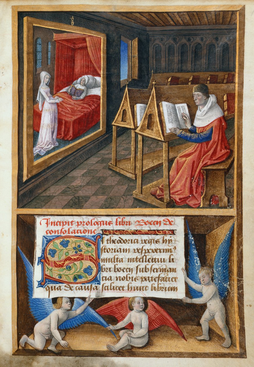 Boethius og filosofi, illustrasjon fra 'The Consolation of Philosophy' av French School