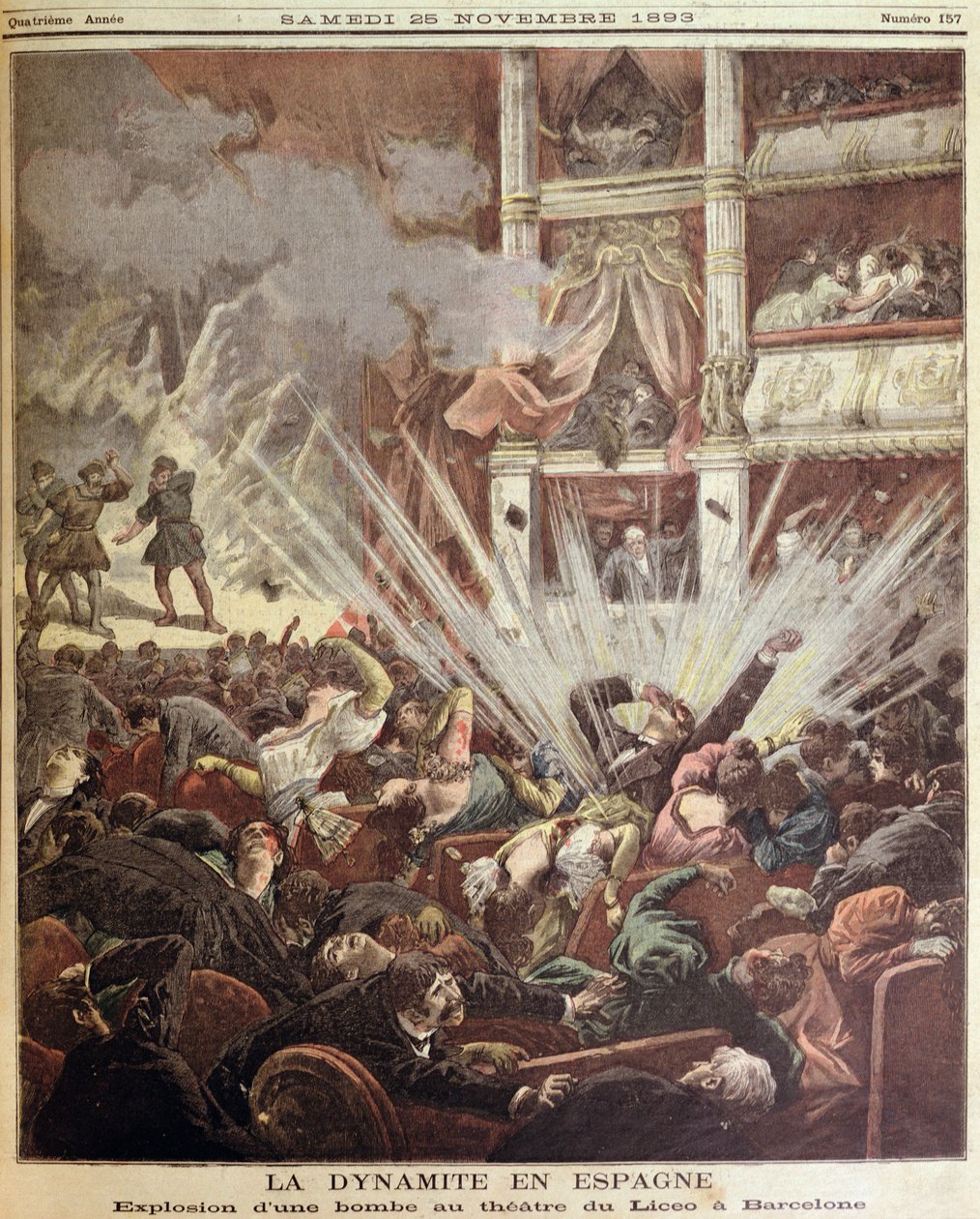 Bombeeksplosjon i Liceu Theatre, Barcelona, illustrasjon fra Le Petit Journal, 25. november 1893 av French School