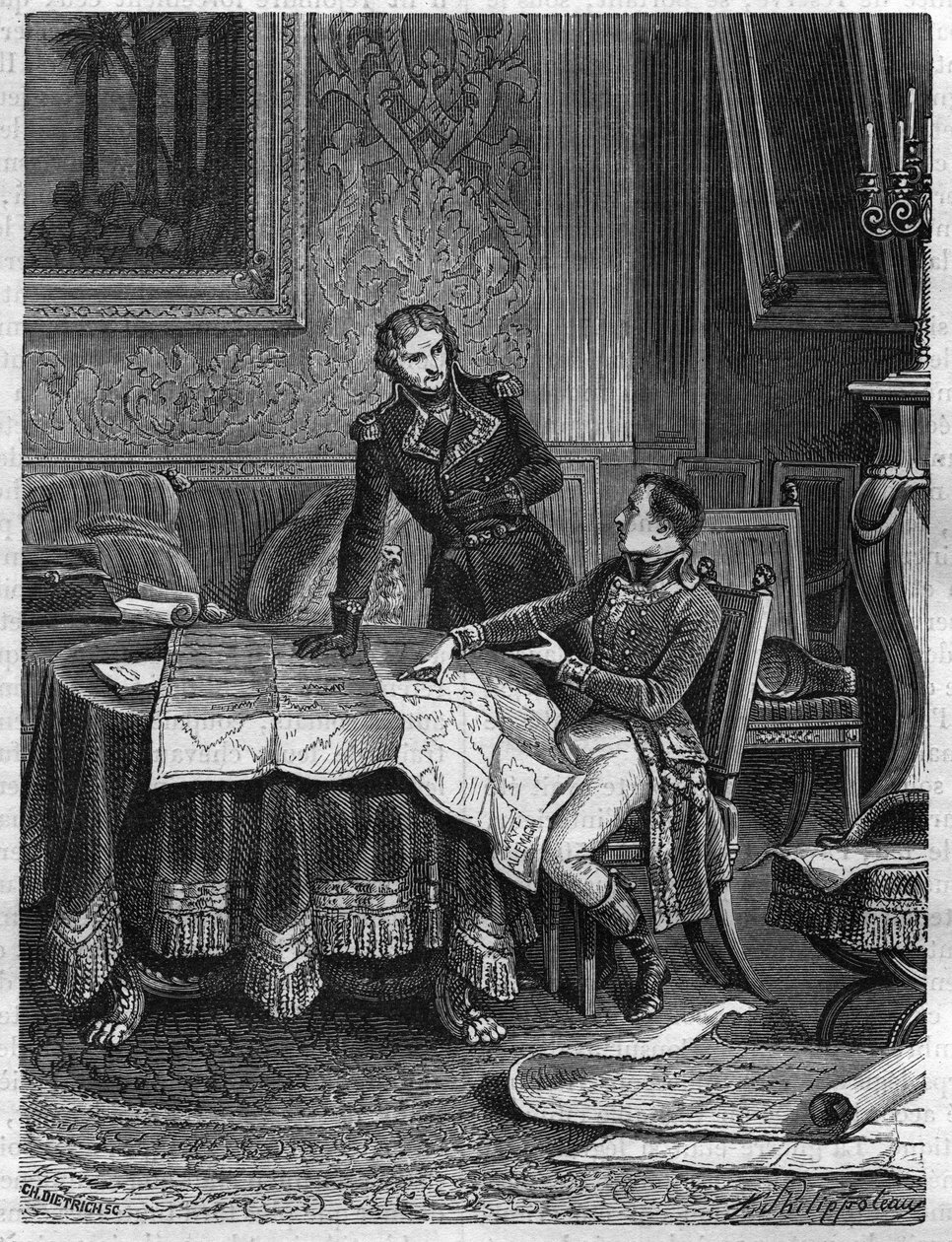 Bonaparte (1769-1821) indikerte til general Jean Joseph Dessolles (Jean-Joseph Dessoles) (1767-1828) en kampanjeplan for Armee of the Rhine, mars 1800 - Gravering av 1865 i "Histoire du Consulate et de l