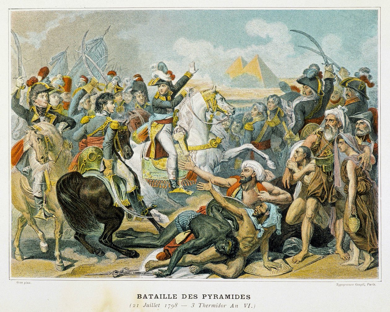 Bonaparte (i midten) og troppene hans under slaget ved pyramidene 21. juli 1798. av French School