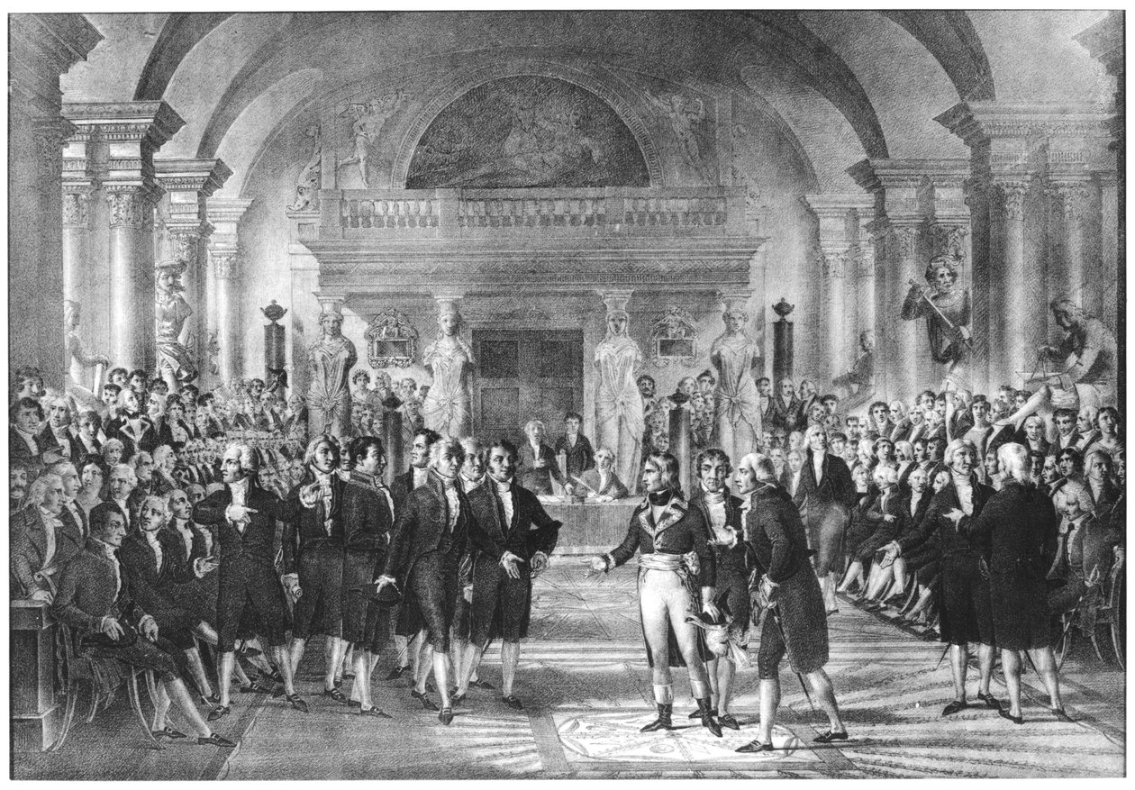 Bonaparte, første konsul (1769-1821) på besøk hos medlemmene av Academie des Sciences ved Louvre, tidlig på 1800-tallet av French School
