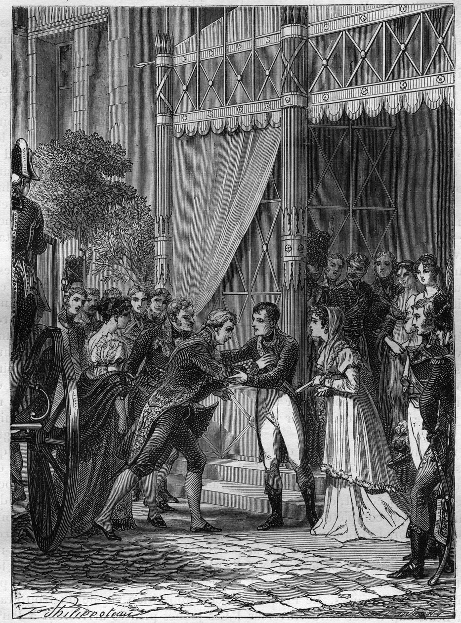 Bonaparte og Josephine de Beauharnais mottar den unge kongen av Etruria, Louis I (Louis I av Bourbon eller Ludovico I av Borbone) (1773-1803), akkompagnert av sin kone, Marie Louise (Marie Louise) av Bourbon (1782-1824) i huset deres i Malmaison i juli 180 av French School