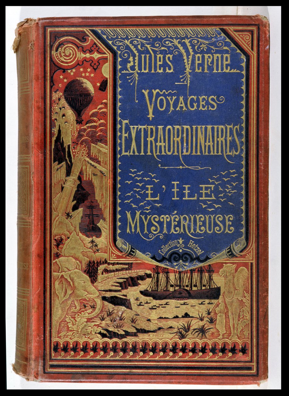 Bokomslag av The Mysterious Island av Jules Verne (1828-1905), utgaver Hetzel 1875 av French School